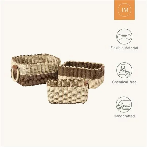 Set of 3 Woven Storage Baskets Recycled Paper Rope Bin Organizer Divider